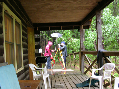 students surveying near the porch