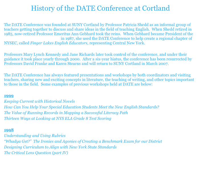History of the DATE Conference at Cortland

The DATE Conference was founded at SUNY Cortland by Professor Patricia Shedd as an informal group of teachers getting together to discuss and share ideas in the field of teaching English.  When Shedd retired in 1985, now-retired Professor Emeritus Ann Gebhard took the reins.  When Gebhard became President of the New York State English Council in 1987, she used the DATE Conference to help create a regional chapter of NYSEC, called Finger Lakes English Educators, representing Central New York.

Professors Mary Lynch Kennedy and Jane Richards later took control of the conference, and under their guidance it took place yearly through 2000.  After a six-year hiatus, the conference has been resurrected by Professors David Franke and Karen Stearns and will return to SUNY Cortland in March 2007.

The DATE Conference has always featured presentations and workshops by both coordinators and visiting teachers, sharing new and exciting concepts in literature, the teaching of writing, and other topics important to those in the field.  Some examples of previous workshops held at DATE are below:

1999
Keeping Current with Historical Novels
How Can You Help Your Special Education Students Meet the New English Standards?
The Value of Running Records in Mapping a Successful Literacy Path
Thirteen Ways at Looking at NYS ELA Grade 8 Test Scoring

1998
Understanding and Using Rubrics
“Whadya Get?”  The Ironies and Agonies of Creating a Benchmark Exam for our District
Designing Curriculum to Align with New York State Standards
The Critical Lens Question (part IV)

